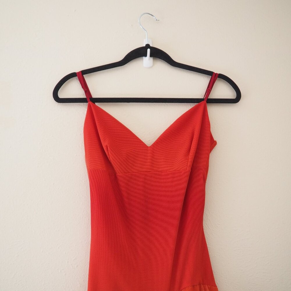 NWT Vintage Ema Savahl Orange Spaghetti Strap Mesh Tiered Ruffle Asymmetrical - Picture 2 of 7